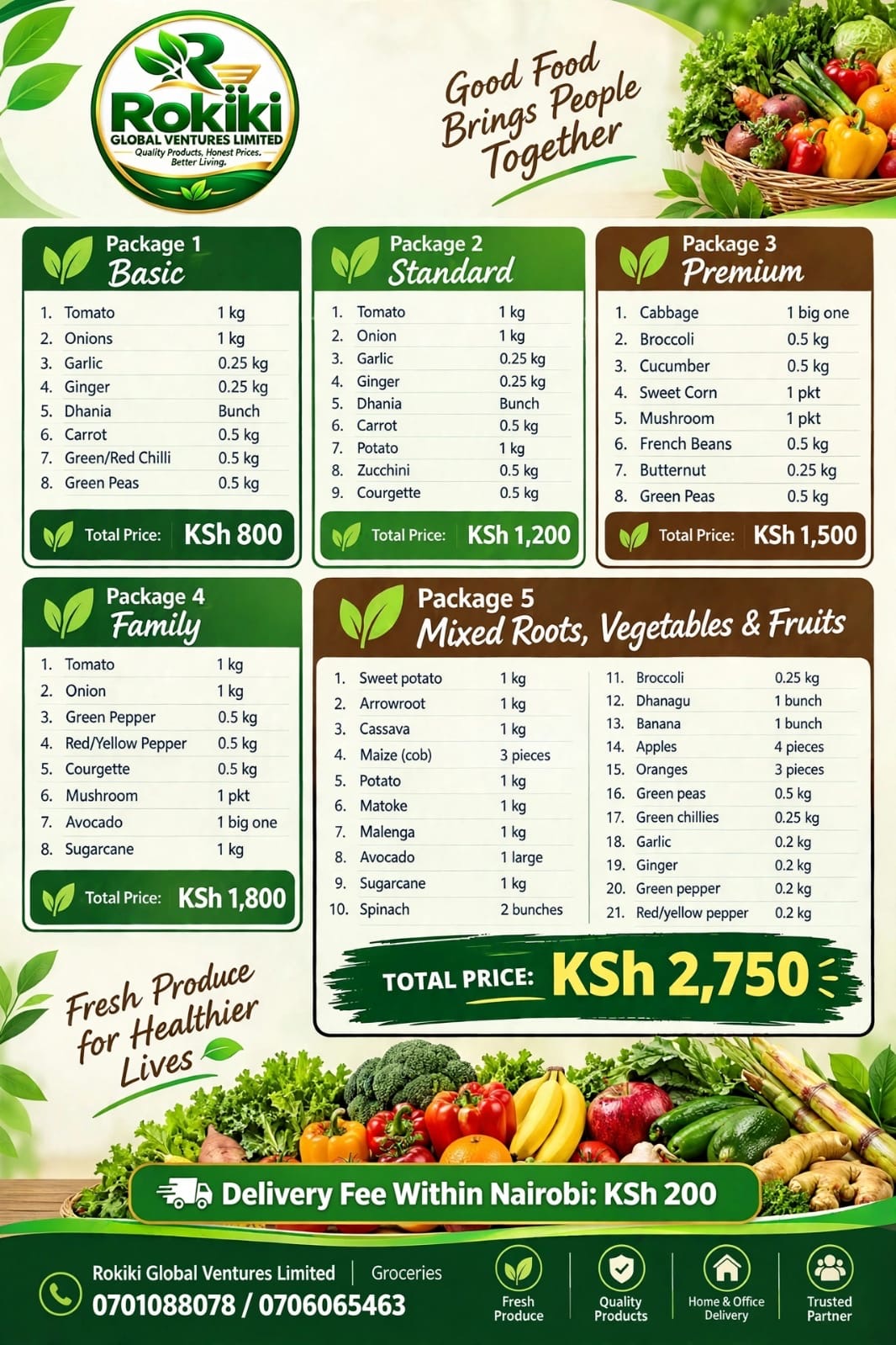 Rokiki original five-package produce guide with prices and quantities