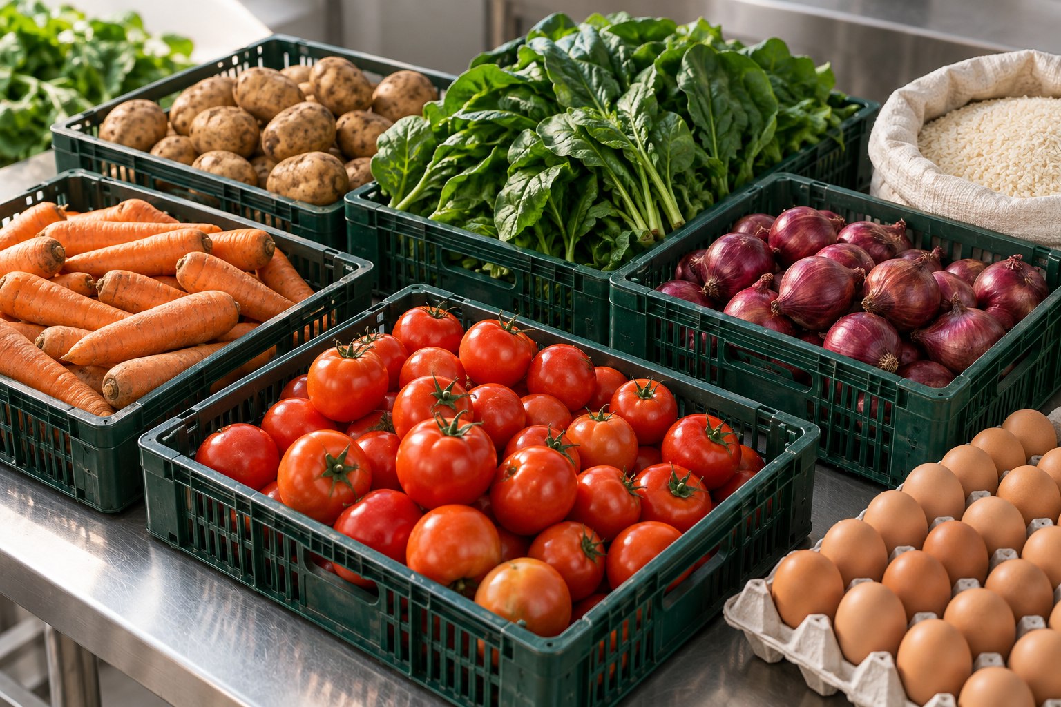 Fresh vegetables in bulk crates with eggs and rice