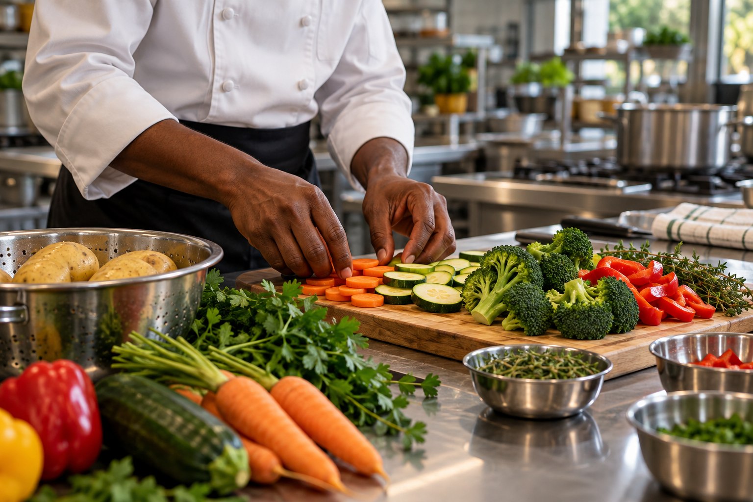 A chef preparing vegetables and herbs in a professional kitchen