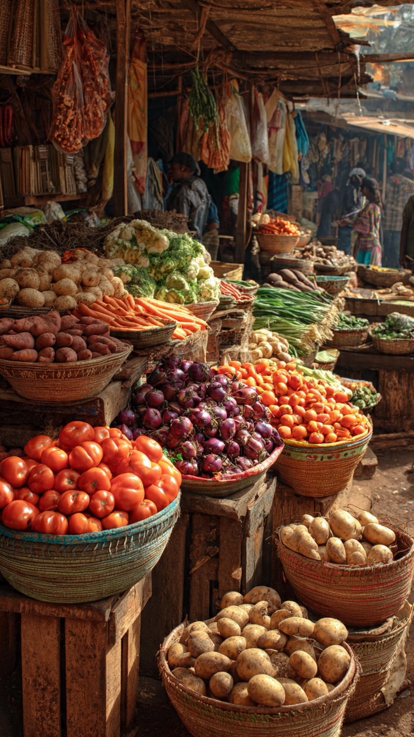 Selection of fresh vegetables and fruit at a produce market