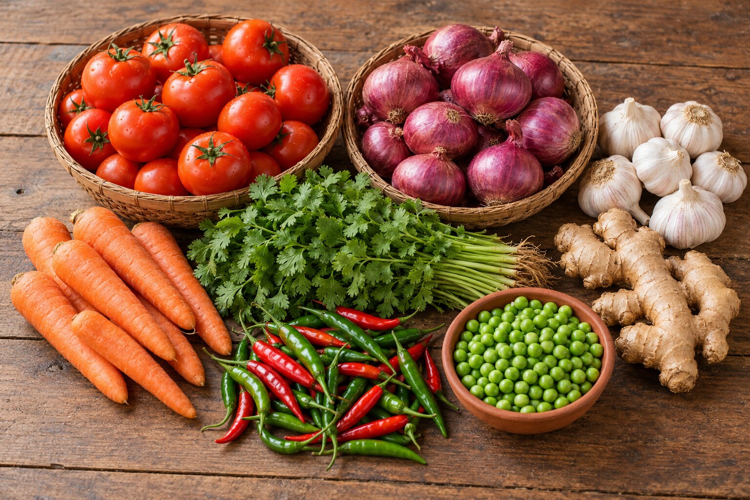 Basic: tomatoes, onions, garlic, ginger, dhania, carrots, chillies and peas