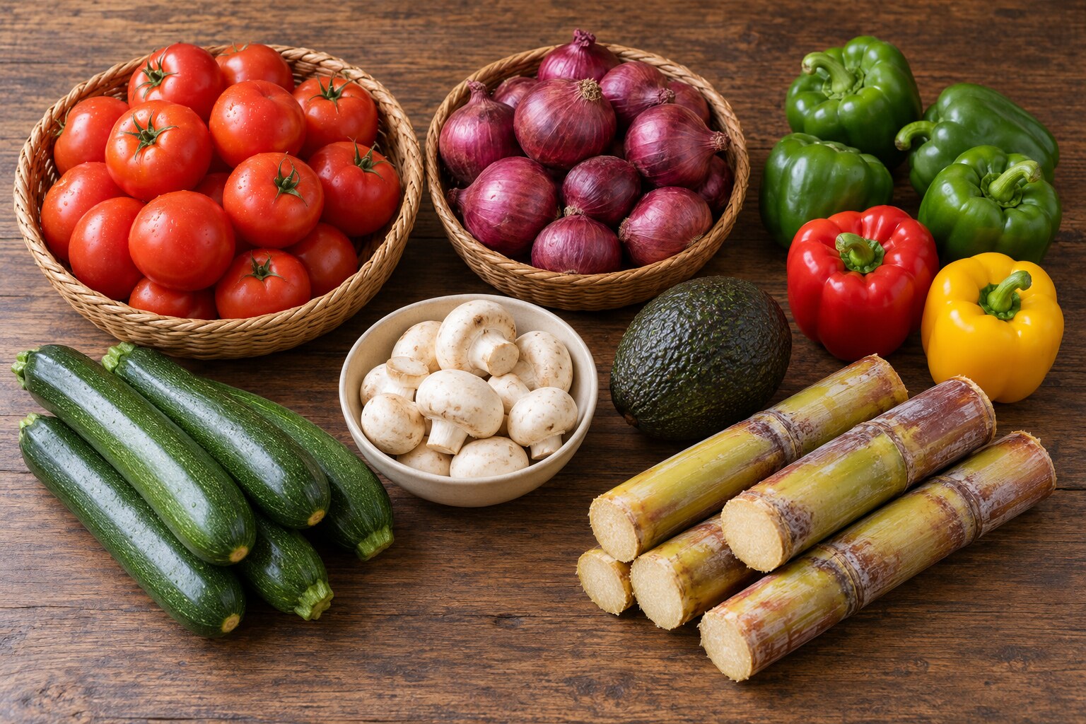 Family: tomatoes, onions, peppers, courgettes, mushrooms, avocado and sugarcane