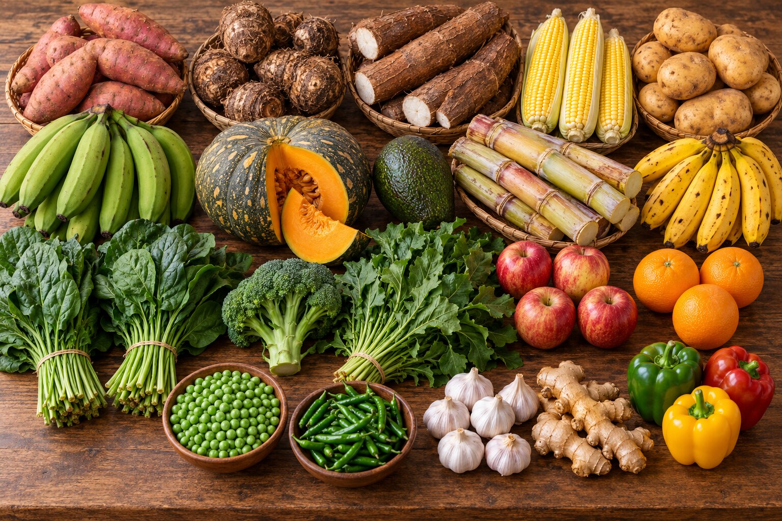 Mixed roots, vegetables and fruits package: roots, corn, bananas, pumpkin, avocado, sugarcane, greens, apples, oranges, peas, chillies, garlic, ginger and peppers