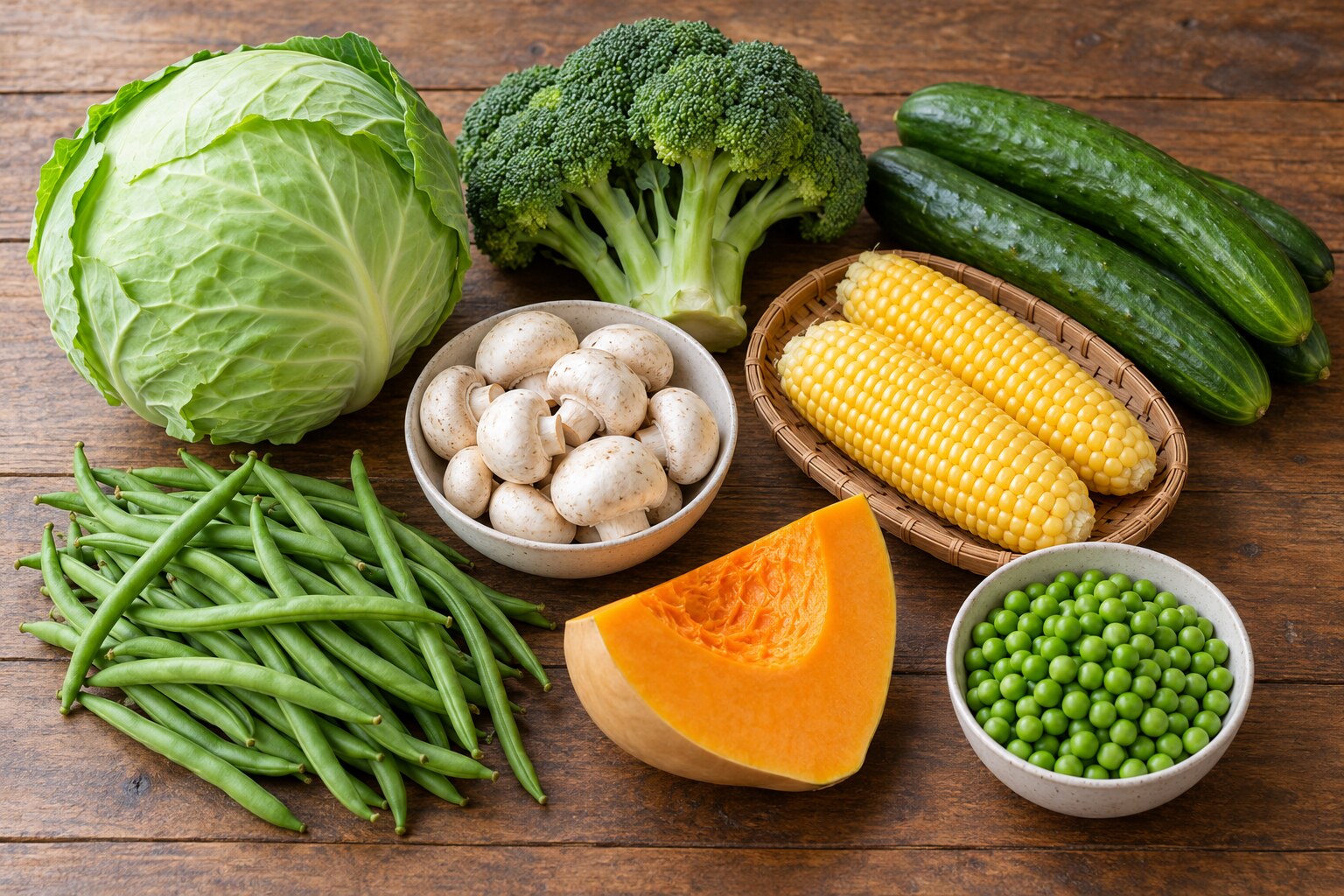 Premium: cabbage, broccoli, cucumber, corn, mushrooms, French beans, butternut and peas