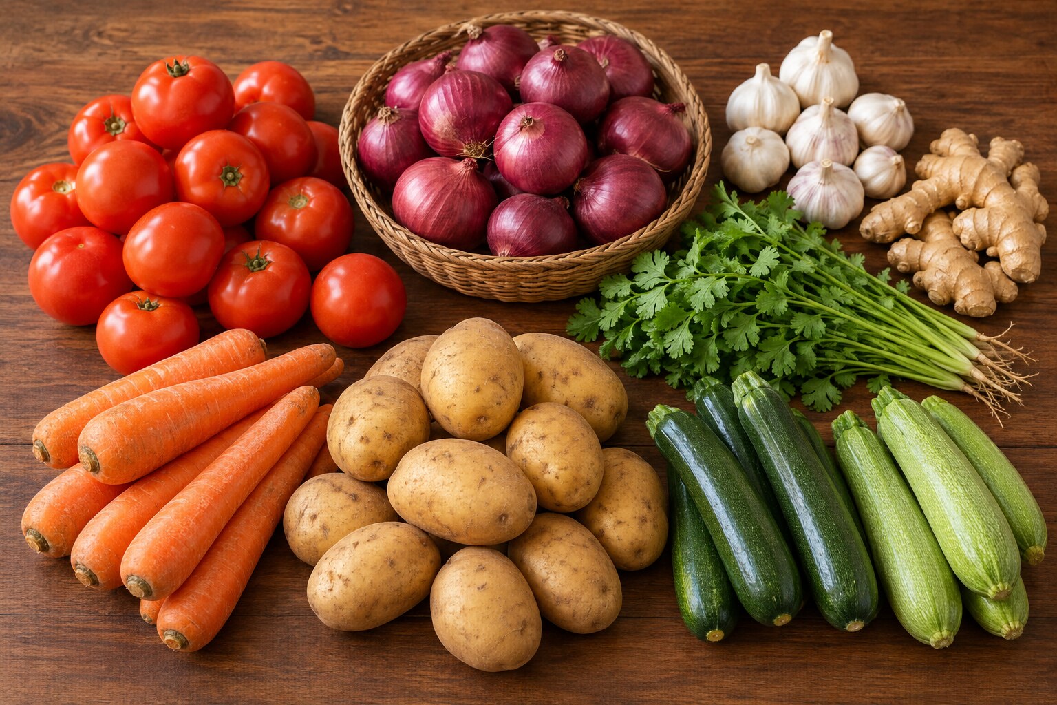 Standard: tomatoes, onions, garlic, ginger, dhania, carrots, potatoes and courgettes
